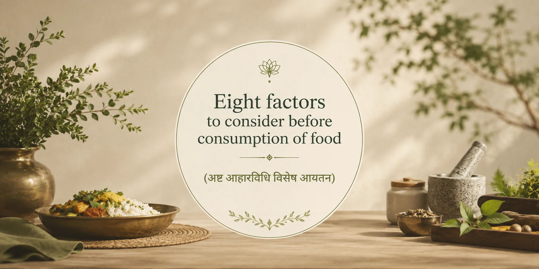 Eight factors to consider before consumption of food (अष्ट आहारविधि विशेष आयतन)