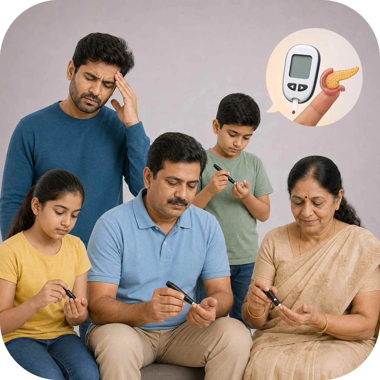 Family members checking their blood sugar levels for diabetes care