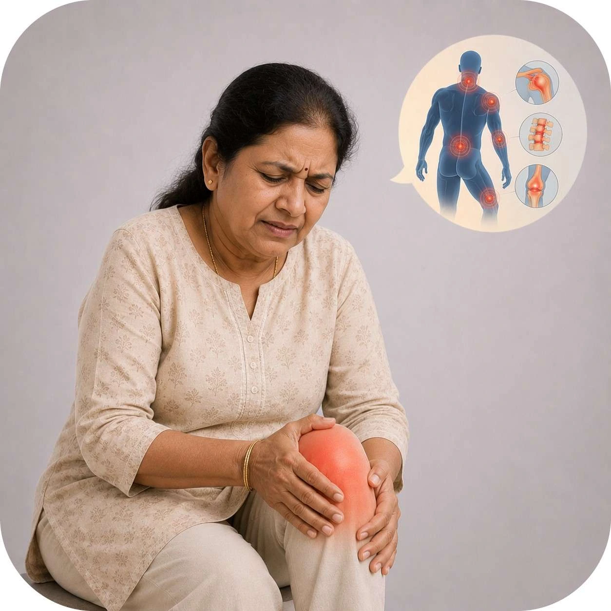 Woman experiencing knee pain with joint illustration