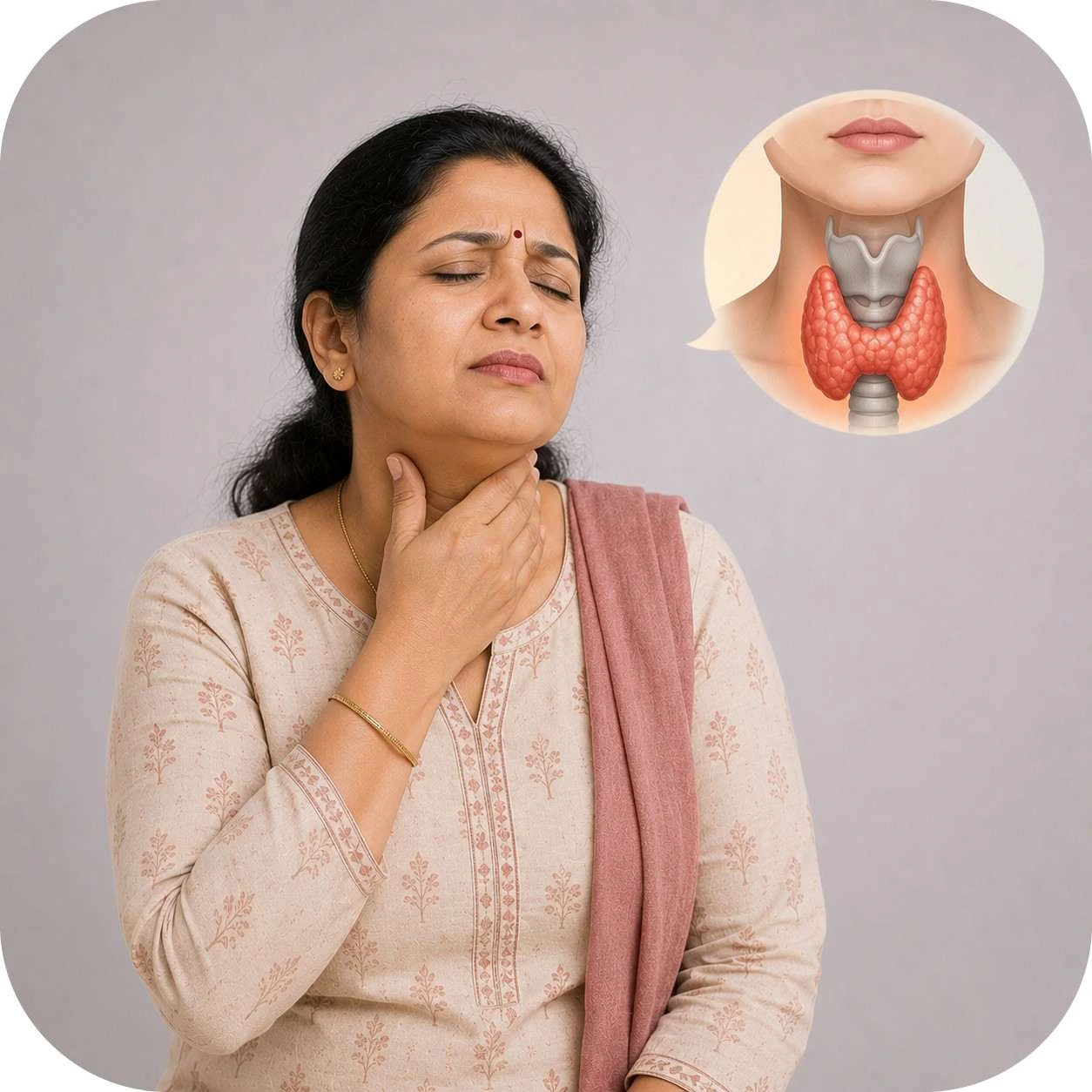 Woman experiencing throat discomfort with thyroid gland illustration